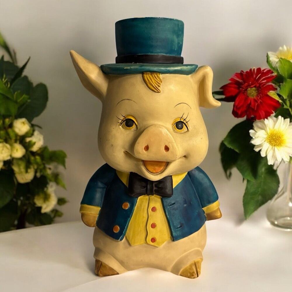 Vtg Kore Art Pig 14” Piggy Bank Pork Pie Hat Jacket Anthropomorphic Made Korea‎